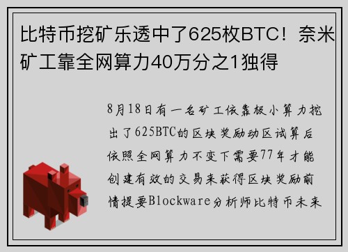 比特币挖矿乐透中了625枚BTC！奈米矿工靠全网算力40万分之1独得