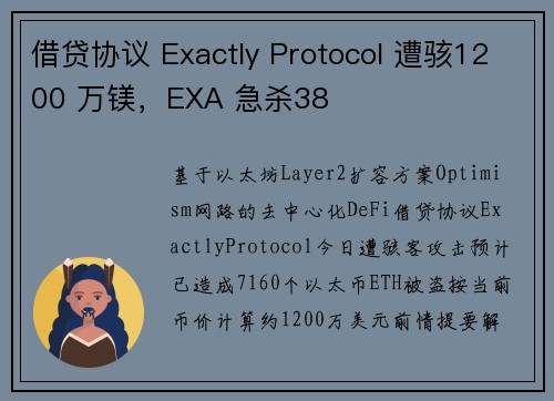 借贷协议 Exactly Protocol 遭骇1200 万镁，EXA 急杀38