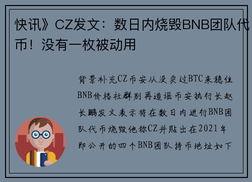 快讯》CZ发文：数日内烧毁BNB团队代币！没有一枚被动用