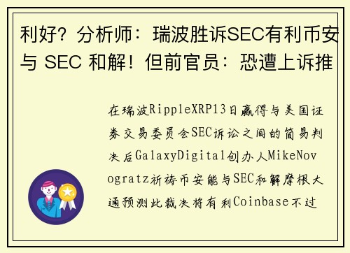 利好？分析师：瑞波胜诉SEC有利币安与 SEC 和解！但前官员：恐遭上诉推翻